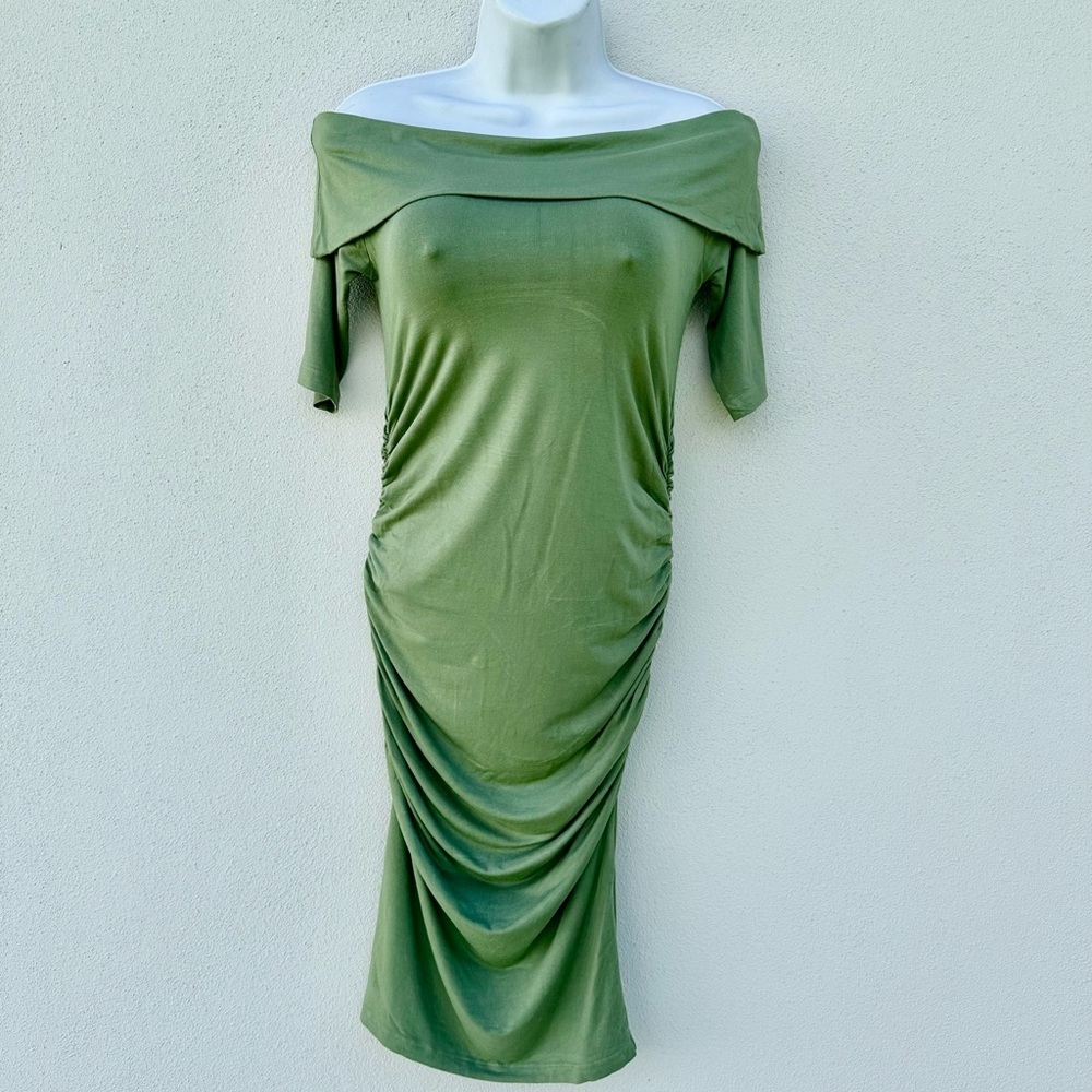 Isabella Oliver Olive Off-Shoulder Midi Dress